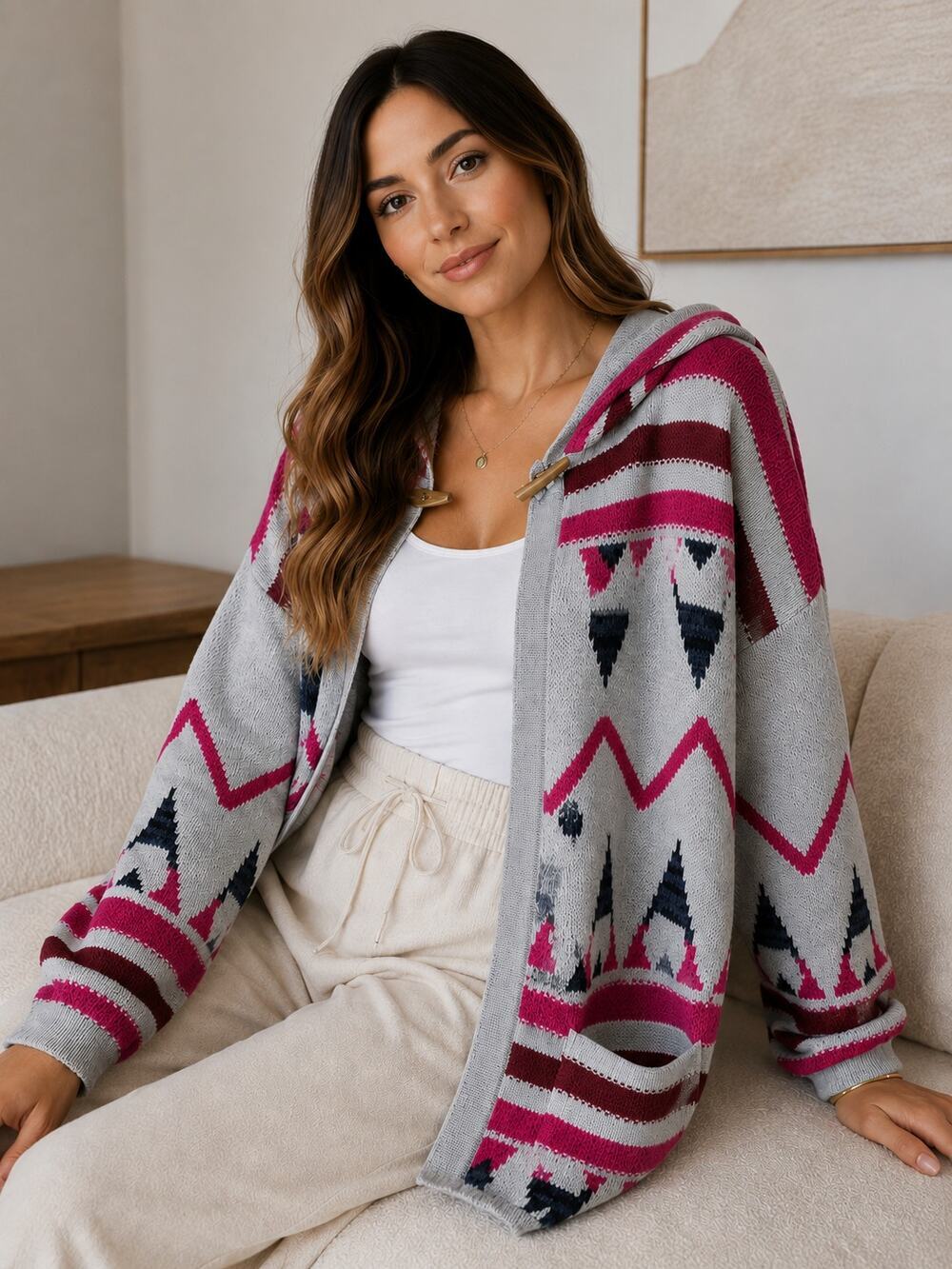 Goddess Hooded Aztec Cardigan Sweater Gray Pink Toggle Boho Western M/L